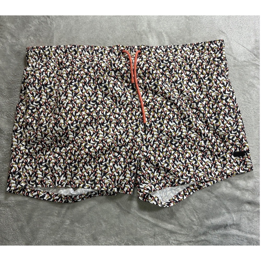 Hugo Boss Mens XXL Toucan Print Swim Trunks Board Shorts Orange Drawstring White